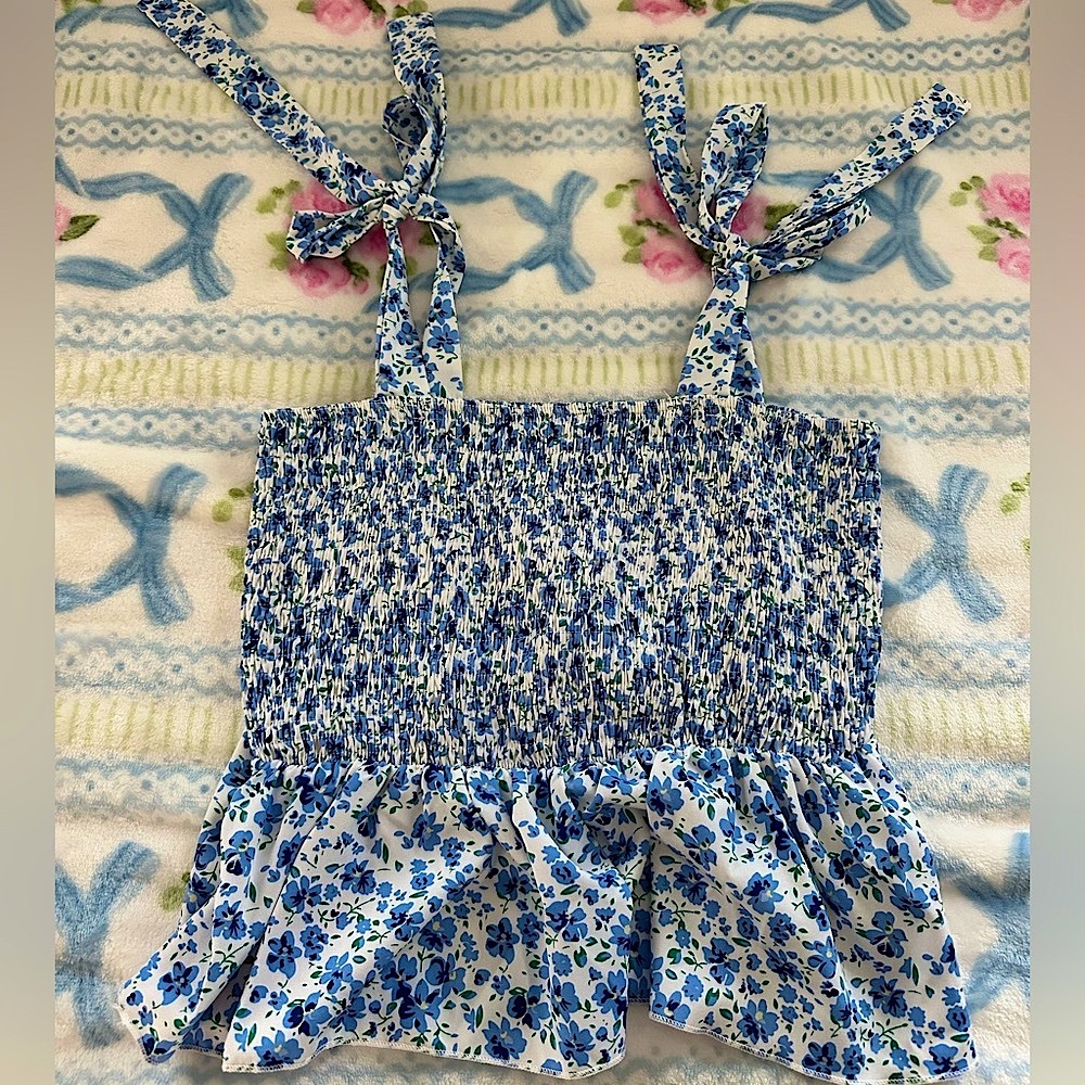 Blue Floral Smocked Shirt